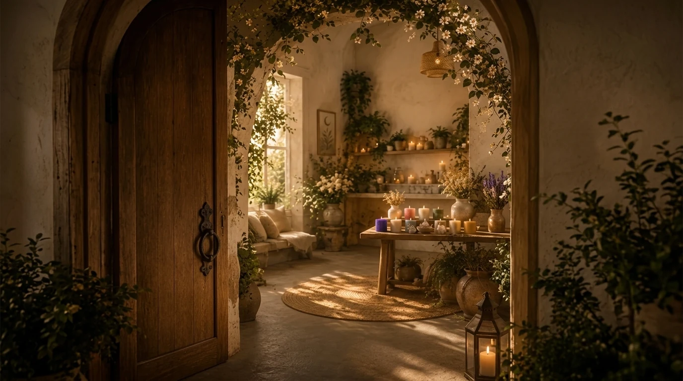 Interior cálido del refugio ELDANAI con velas, flores y luz natural