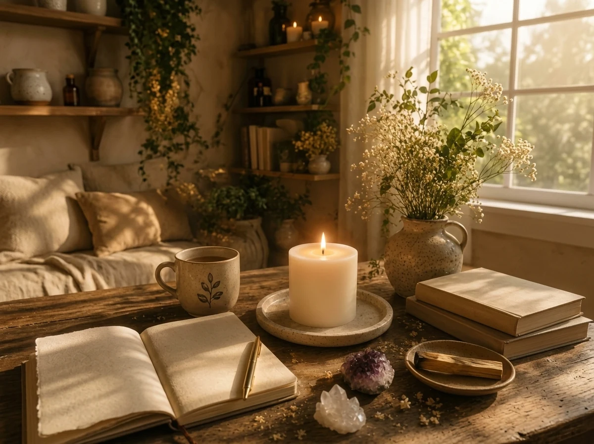 Mesa íntima de introspección con libreta, vela artesanal, taza de té y cuarzos